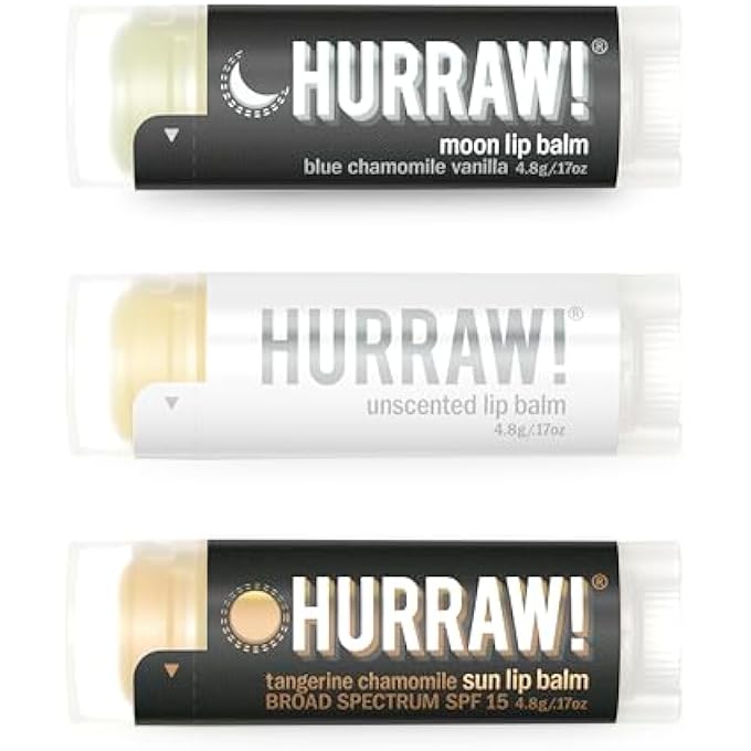 Hurraw! MOON NIGHT TREATMENT, UNSCENTED, SUN (ZINC OXIDE SPF15) LIP BALMS, 3 PACK BUNDLE: ORGANIC, CERTIFIED VEGAN, CRUELTY & GLUTEN FREE. NON-GMO, ALL NATURAL. BEE, SHEA, SOY & PALM FREE. MADE IN USA - Image 1